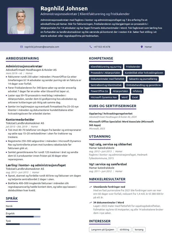 CV-eksempel for administrasjonssekretær i advokatfirma