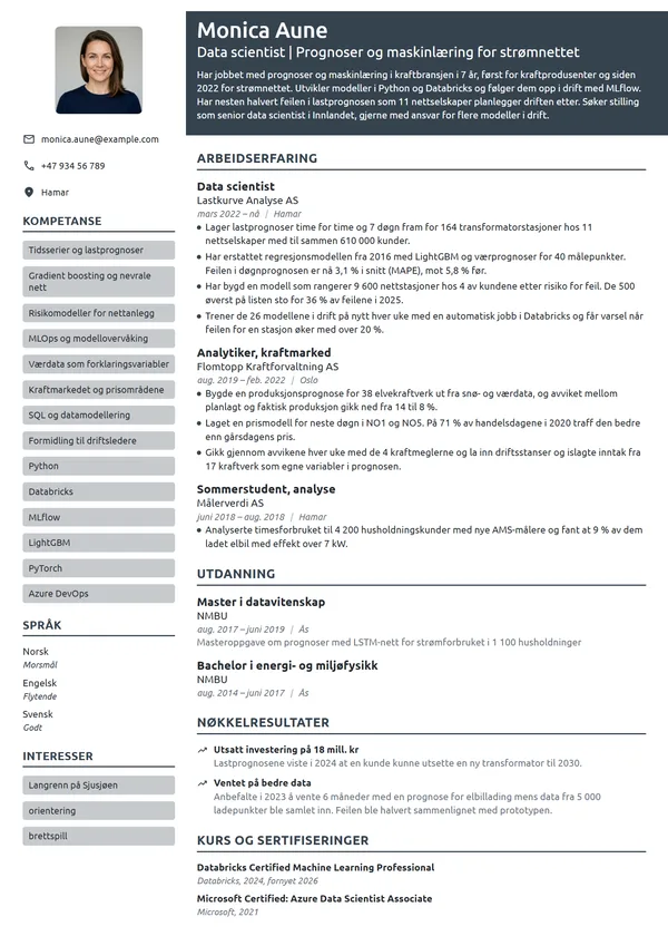 CV-eksempel for data scientist i kraftbransjen