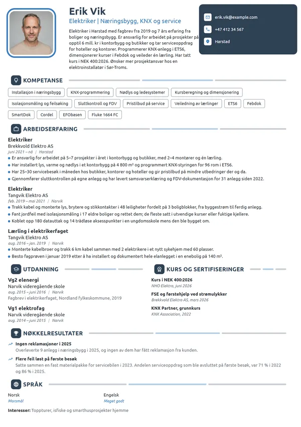 CV-eksempel for elektriker i næringsbygg