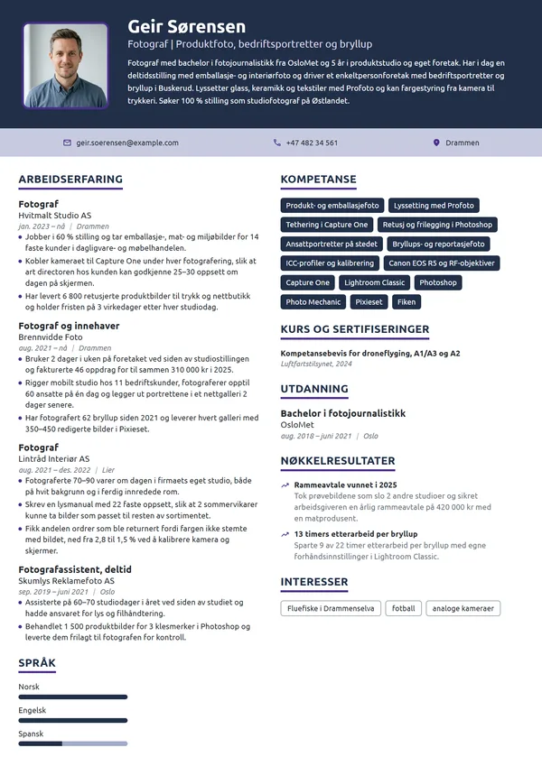 CV-eksempel for fotograf, studio og eget foretak