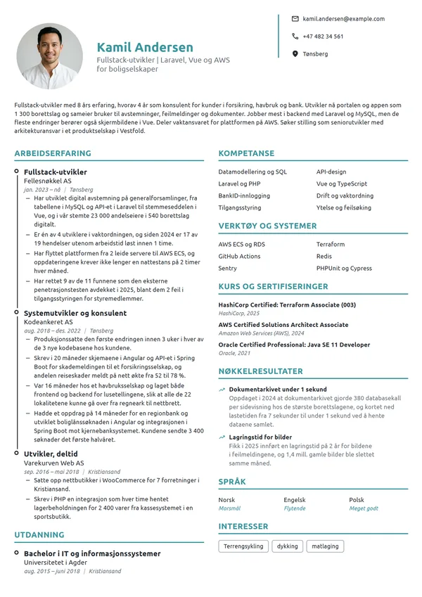 CV-eksempel for fullstack-utvikler i produktselskap