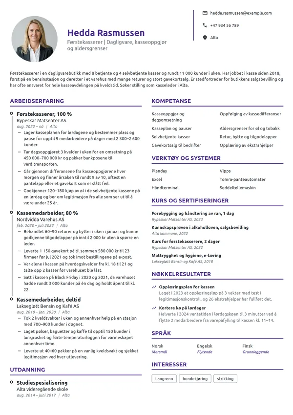 CV-eksempel for førstekasserer i dagligvare
