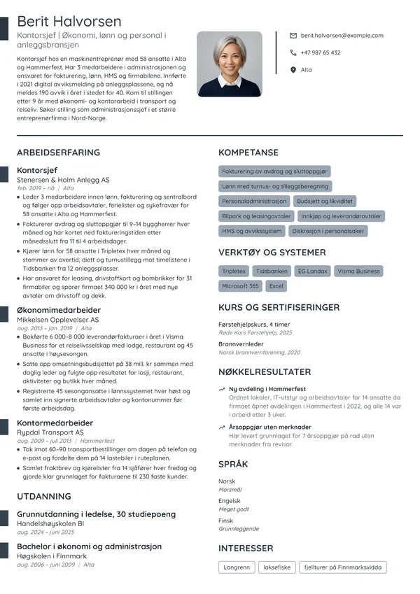 CV-eksempel for kontorsjef i anleggsfirma
