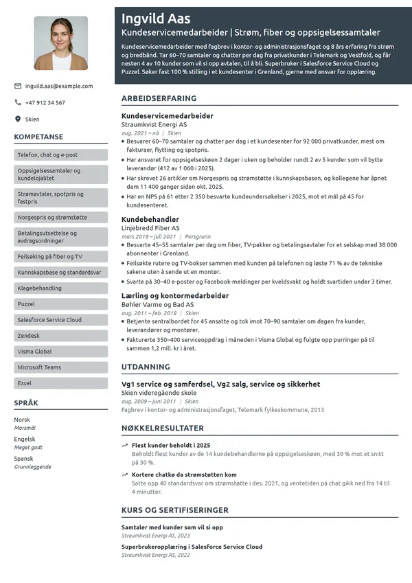 CV-eksempel for kundeservicemedarbeider i strømselskap