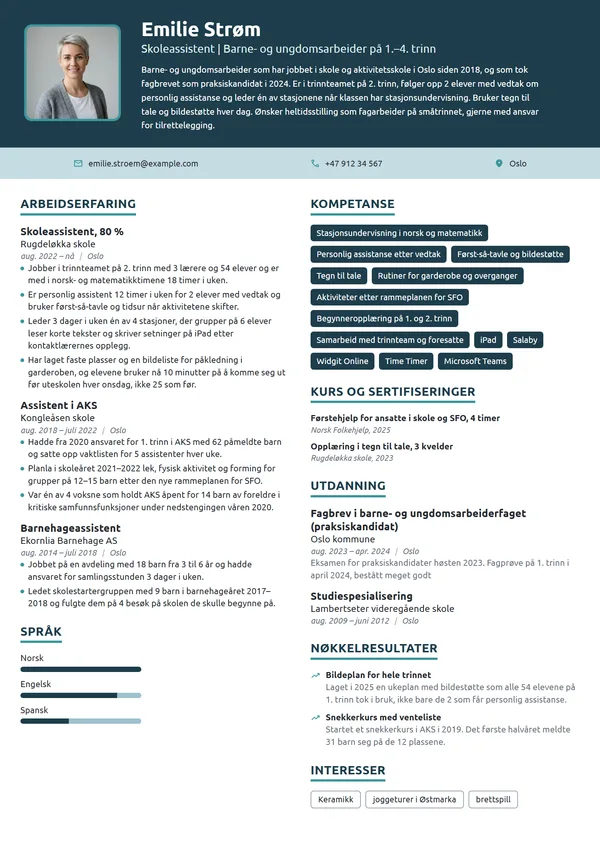CV-eksempel for lærerassistent med fagbrev, småtrinnet