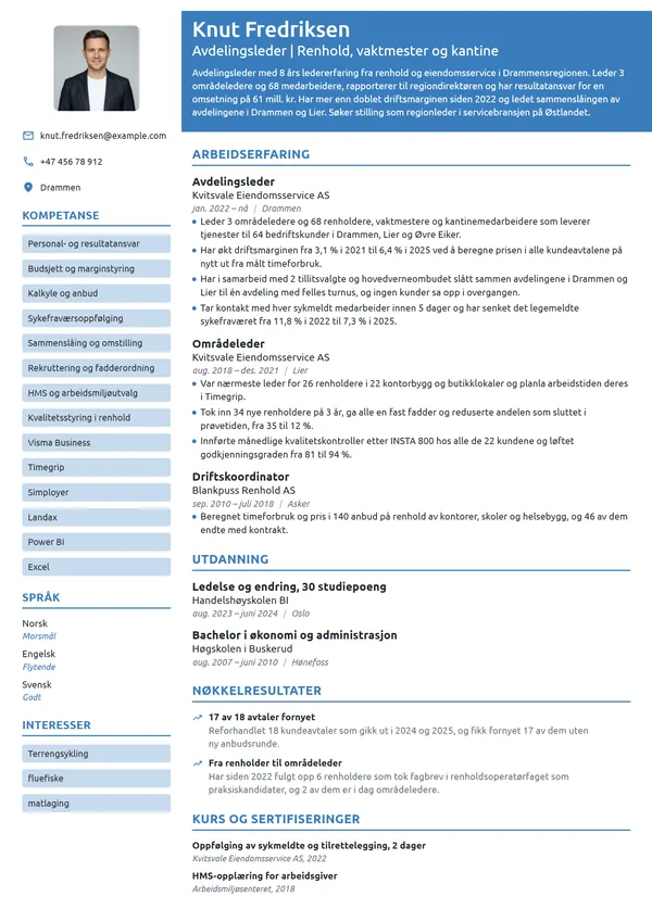 CV-eksempel for avdelingsleder i eiendomsservice