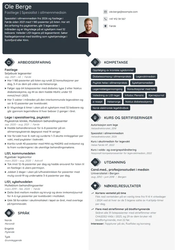 CV-eksempel for fastlege, spesialist i allmennmedisin