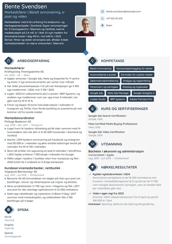 CV-eksempel for markedsfører i treningssenterkjede