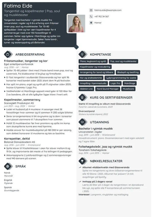 CV-eksempel for frilansmusiker, tangenter