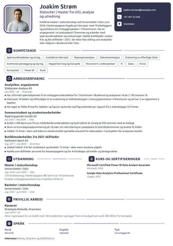 CV-eksempel for nyutdannet statsviter i analysebyrå