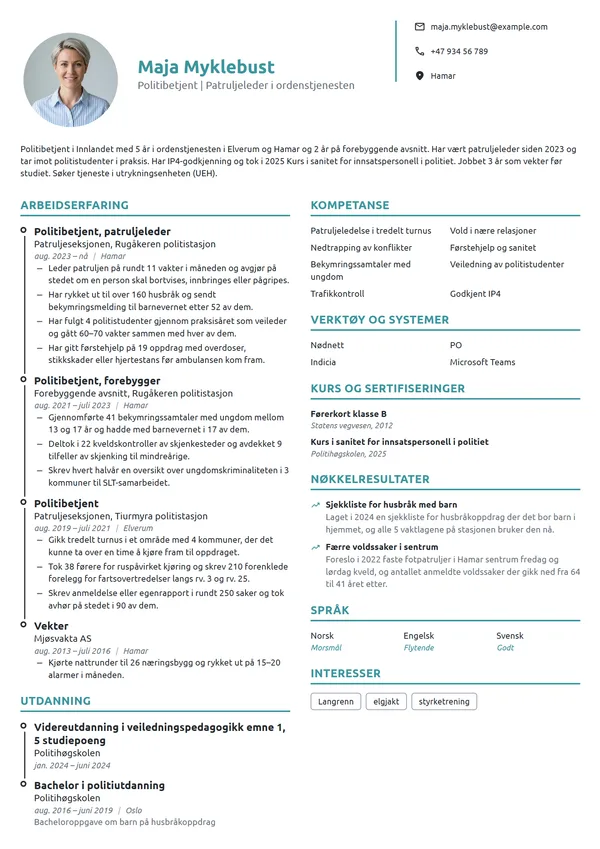 CV-eksempel for politibetjent og patruljeleder