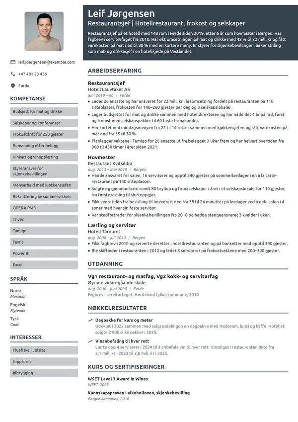 CV-eksempel for restaurantsjef på hotell