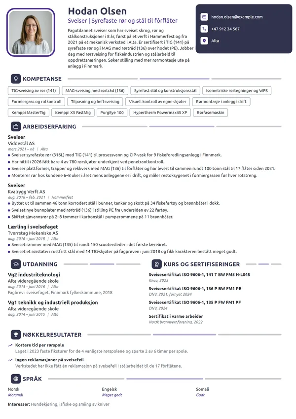 CV-eksempel for sveiser, rør og stålkonstruksjoner