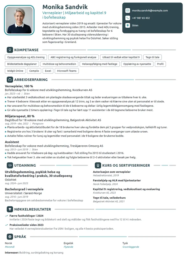 CV-eksempel for vernepleier i bofellesskap
